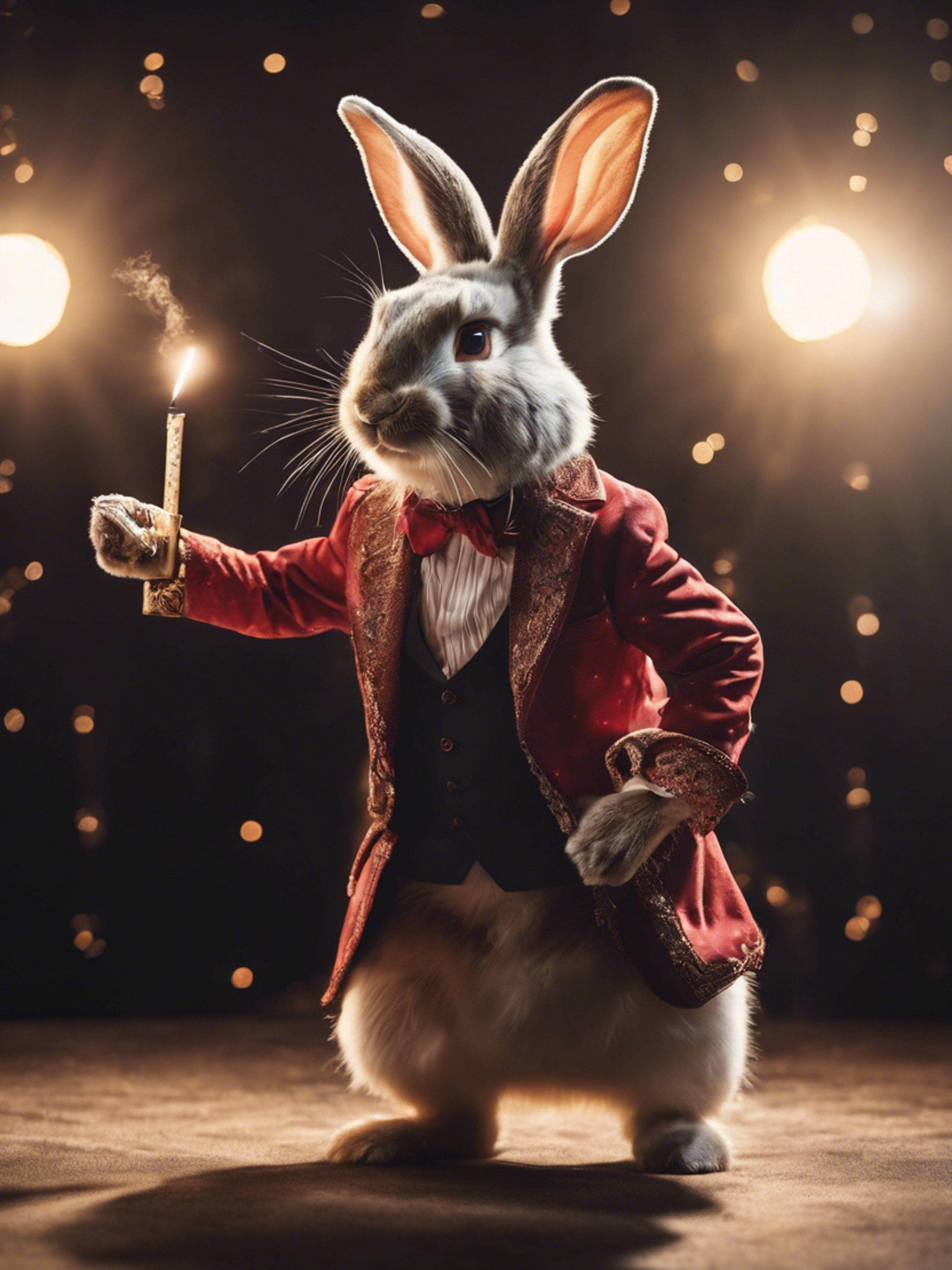 A rabbit magician performing extraordinary tricks on a stage under a spotlight. Wallpaper[30dd10a95ff64540898f]