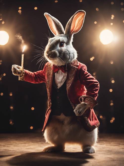 Un mago conejo realizando trucos extraordinarios en un escenario bajo un foco.