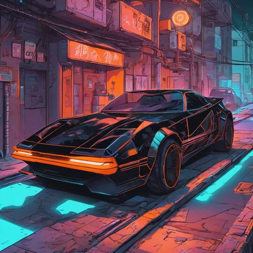 Mobil sport hitam futuristik dengan aksen neon oranye, diparkir di gang cyberpunk yang suram.