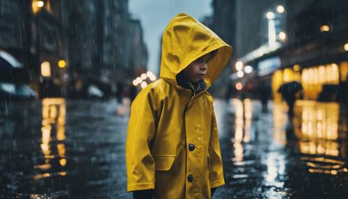 Uma criança vestindo uma capa de chuva amarela brilhante, parada no meio de uma cidade escura e chuvosa.