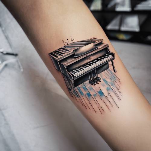 Tatuaż fortepianu z wyłaniającymi się z niego przebiegami.
