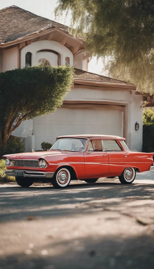 Un&#39;auto classica rosso pastello parcheggiata in un vialetto suburbano.