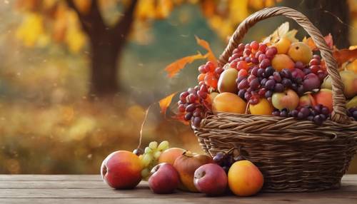 Ein Füllhorn auf einem rustikalen Holztisch, gefüllt mit Früchten der Herbsternte.