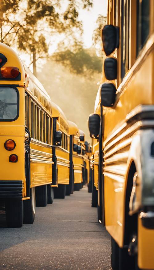 A group of school buses lined up in the yellow morning sunlight.