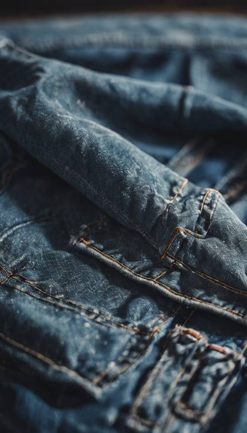 Tangkap tekstur kasar jaket denim biru tua yang lapuk.