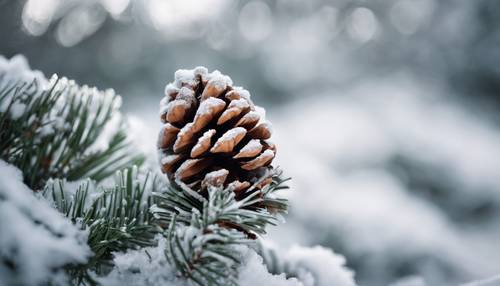 Zbliżenie na oszronioną szyszkę sosnową na białym, zimowym tle.