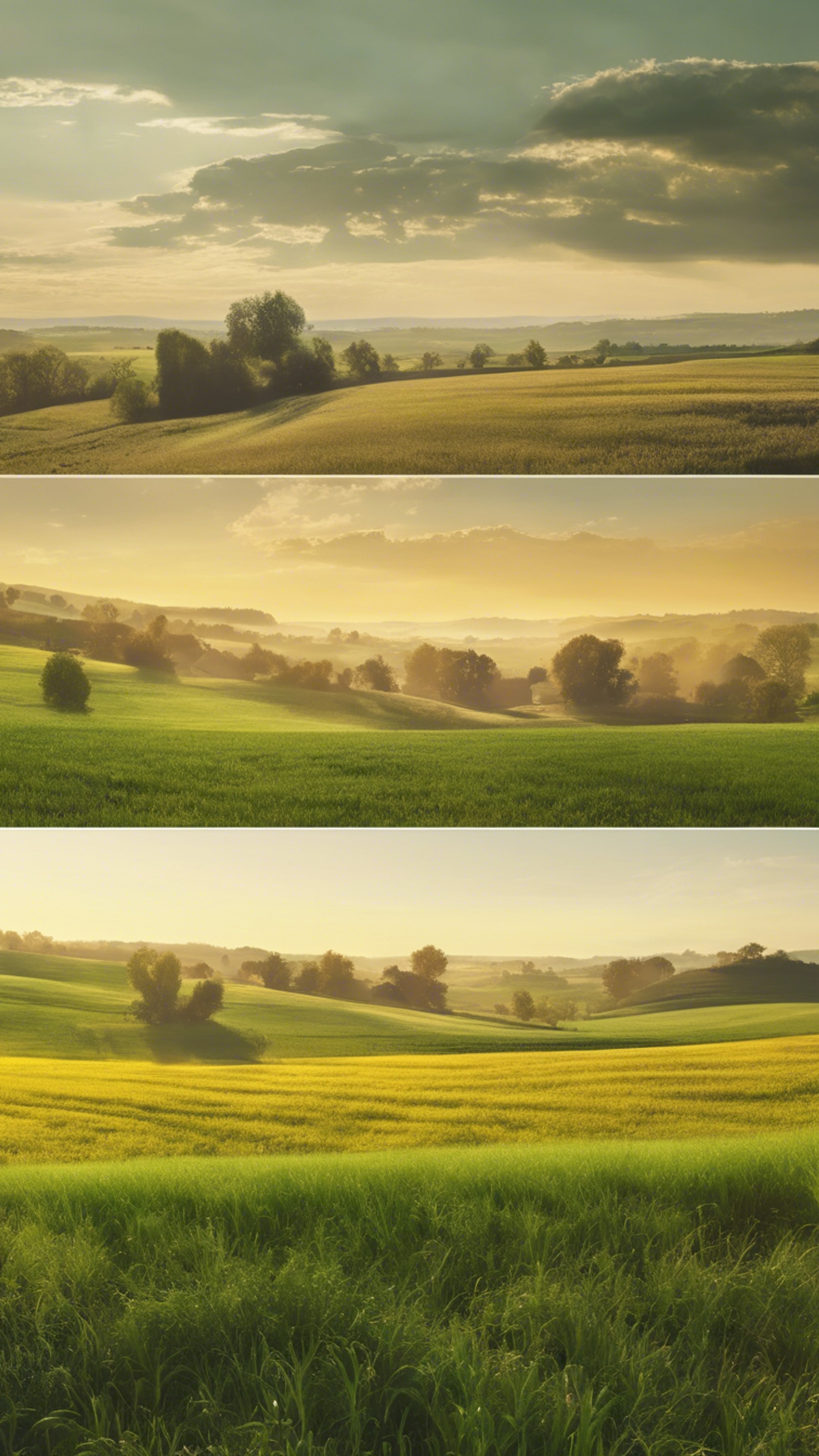 A quiet rural landscape at sunrise, where green fields gradually blend into the yellow horizon.壁紙[da8659ab7dd341f0b284]