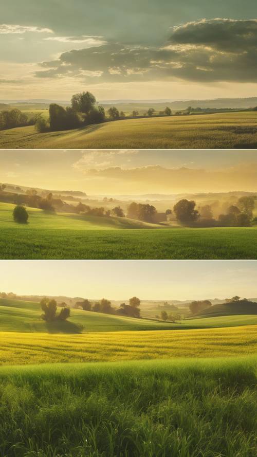 A quiet rural landscape at sunrise, where green fields gradually blend into the yellow horizon.
