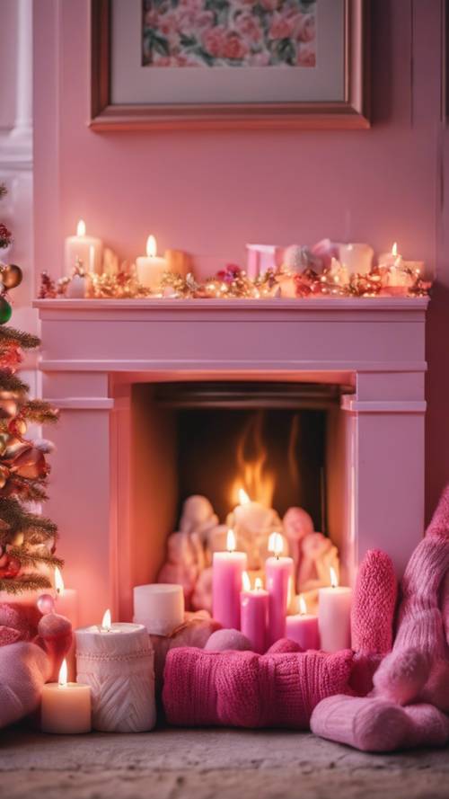 Różowy kominek emanujący ciepłem, ozdobiony świątecznymi skarpetami i zapalonymi świecami.