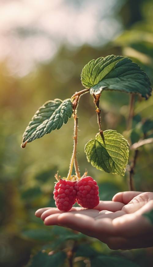 A child's hand holding a raspberry freshly picked from a raspberry bush.