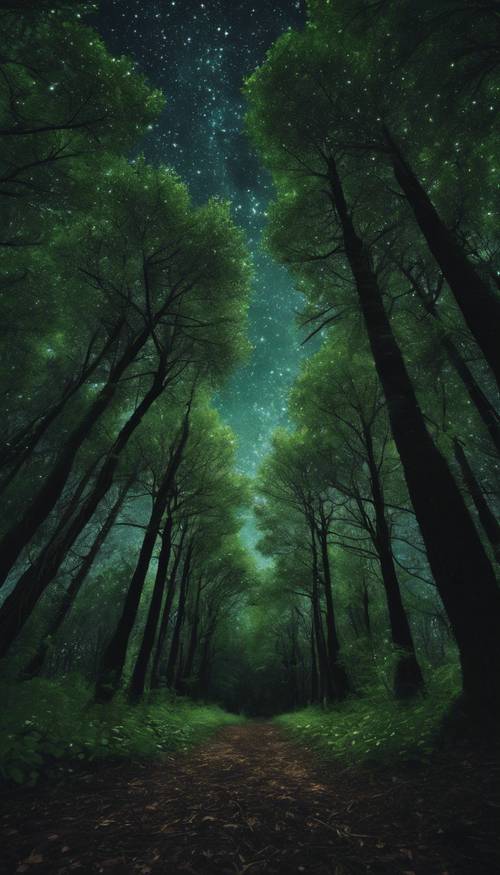 A lush, dark green forest under a clear, starry night sky.