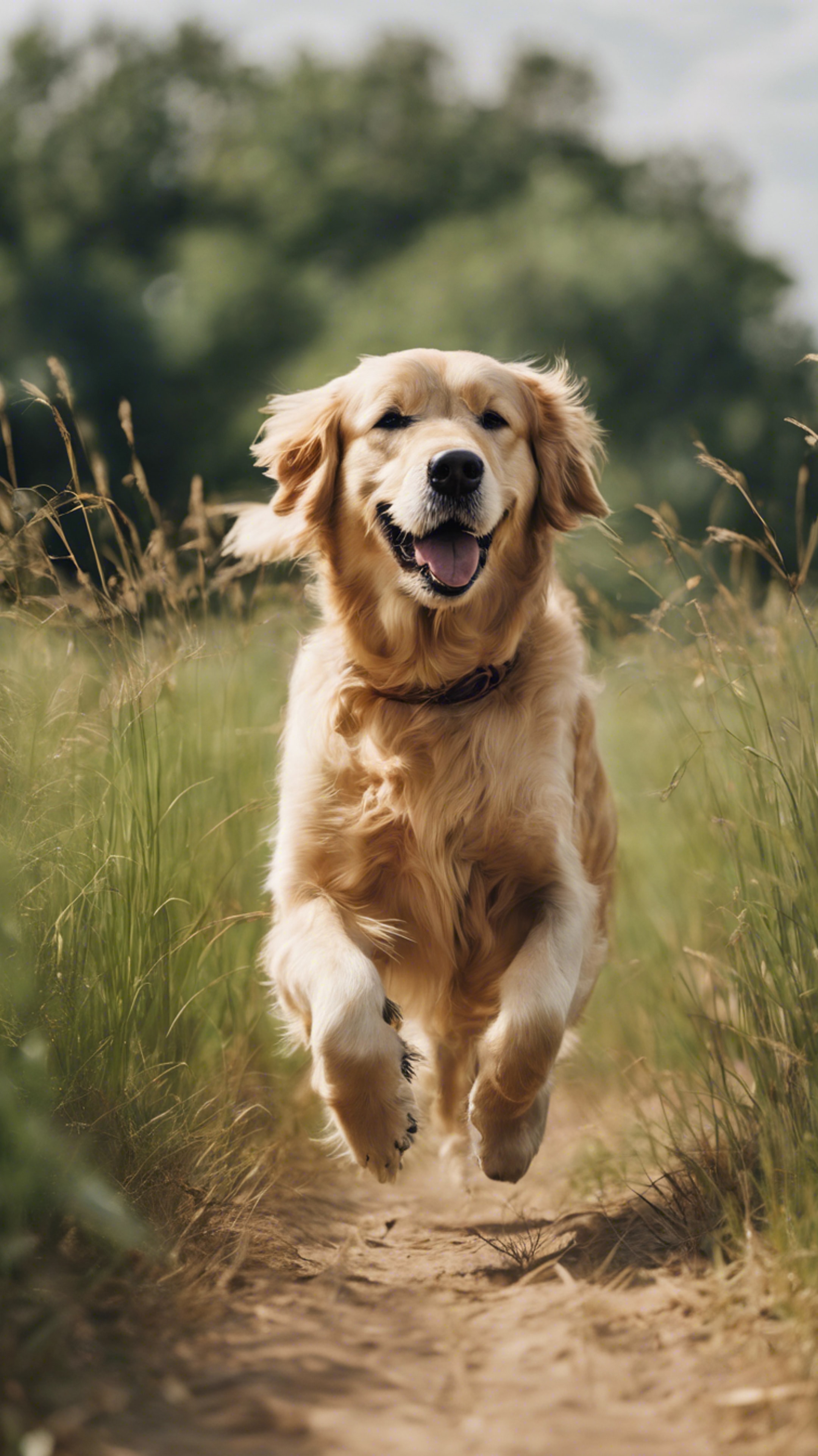 A beautiful golden retriever running through a field of tall grass.壁紙[ab568cfaa7f346bf9d1c]