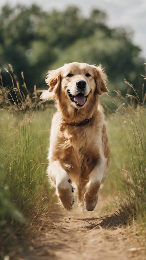 Seekor anjing Golden Retriever cantik sedang berlari melewati padang rumput yang tinggi.