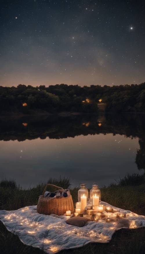 A river bank set up with a plush picnic blanket and candles under the stars.