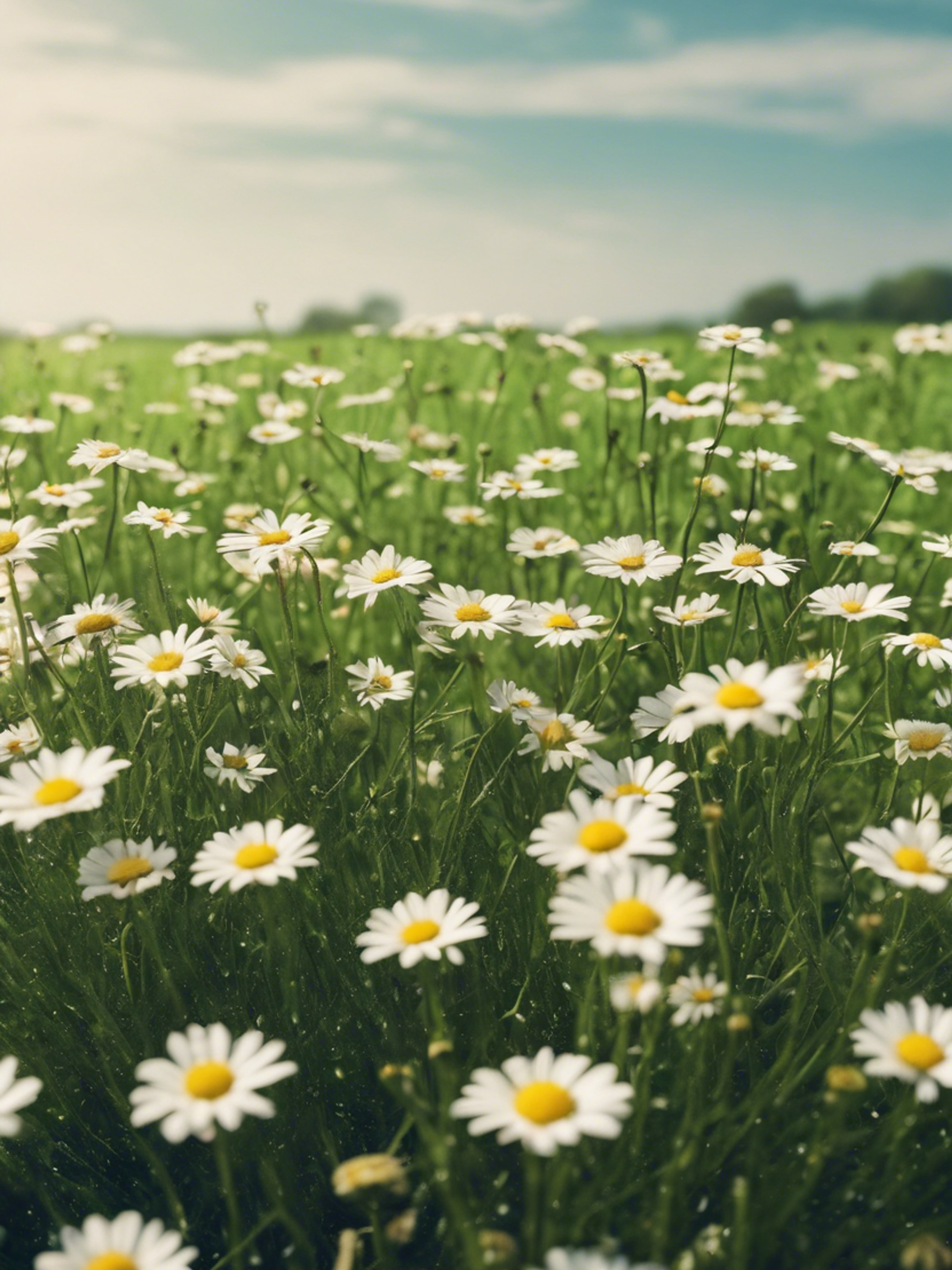 A cool green field sprinkled with daisies under a morning sky. Papel de parede[e270184600e04e908453]
