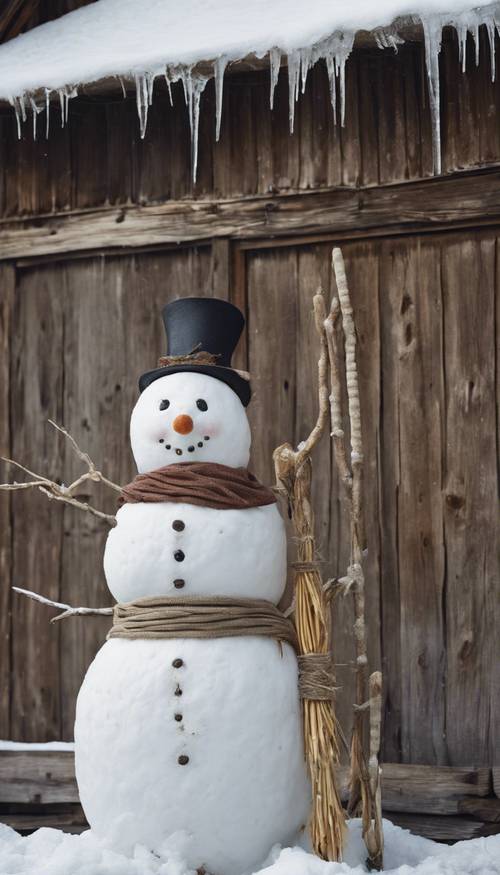 An old fashioned country snowman with a corn cob pipe, standing proudly next to a weathered barn with icicles hanging from the eaves.