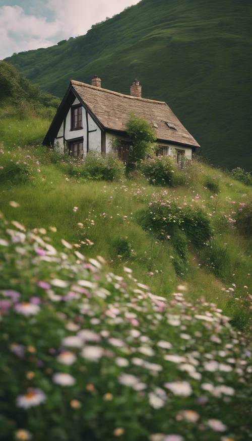 A quaint cottage nestled in lush, green hills with wild flowers dotting the landscape. Tapet [6a4a0ad548a64550a1fc]