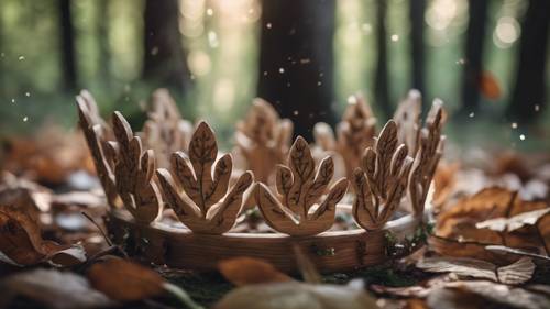 Drewniana korona, ozdobiona liśćmi i kwiatami w świątecznym lesie.