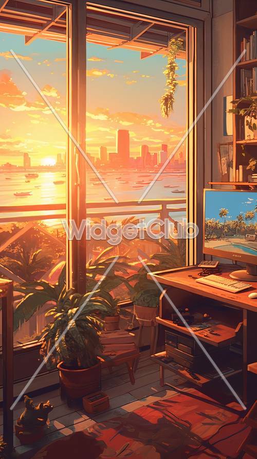 Słoneczny widok na miasto z przytulnego pokoju