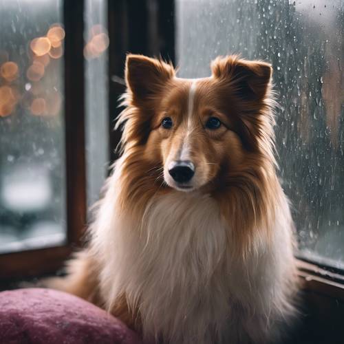 A mysterious pink Shetland Sheepdog looking out the window on a rainy autumn evening.
