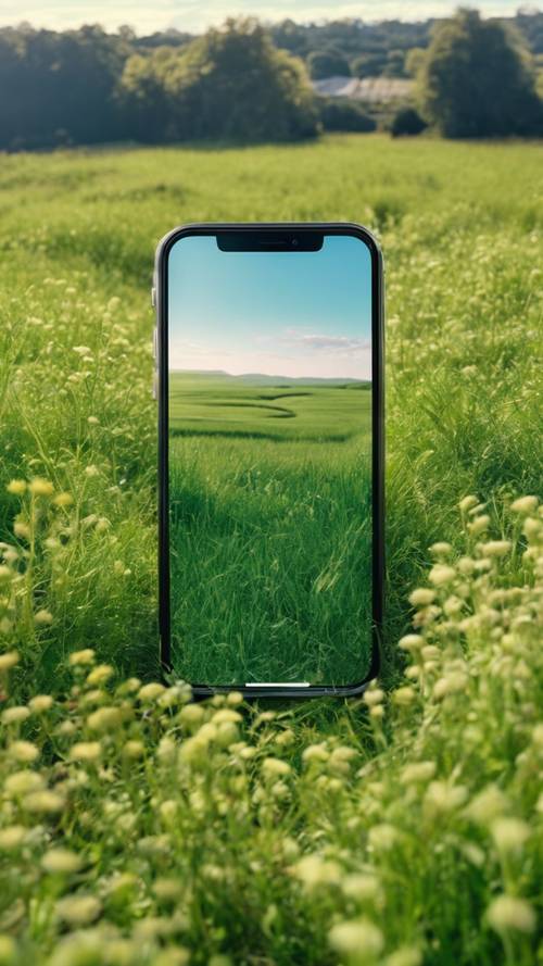 An iPhone XS displaying a green meadow under a blue sky on its wallpaper. Tapet [cb729d8375e5435a9fbc]