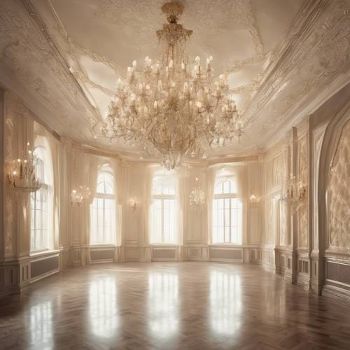 Un grand hall avec des papiers peints damassés crème et des lustres en cristal.