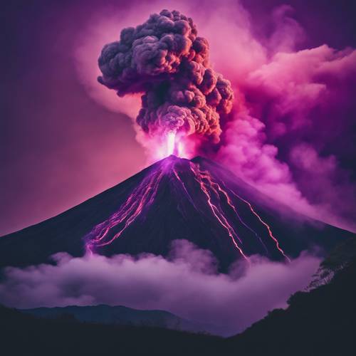 Uma erupção vulcânica viva com majestosa fumaça negra entrelaçada com elegantes faixas de fumaça roxa, capturando a força bruta da natureza.