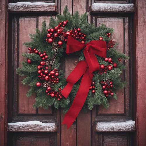 Una corona di Natale rossa decorata appesa a una porta di legno rustica.