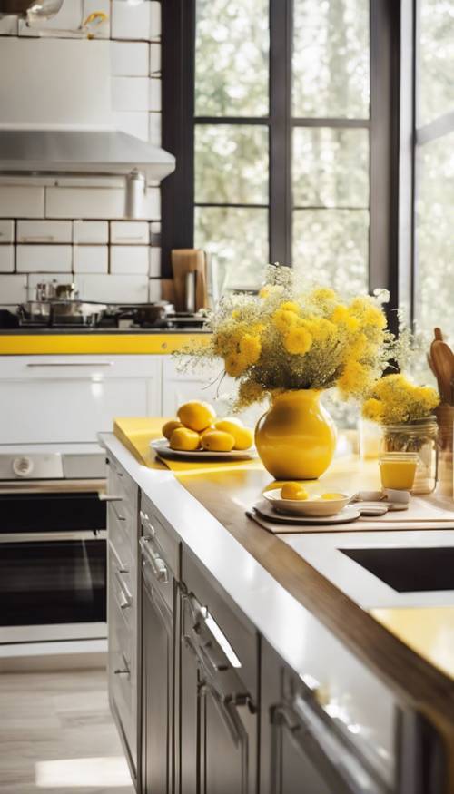 Uma cozinha moderna com detalhes em amarelo na decoração e uma copa ensolarada.