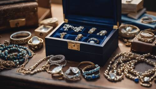 Aesthetic dark blue jewelry box filled with vintage necklaces and rings