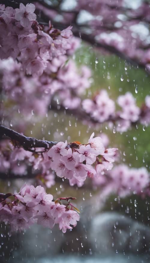 静かな日本庭園に紫の桜が優しい雨を受ける壁紙