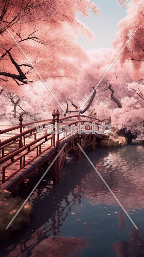 Puente de los cerezos en flor sobre aguas tranquilas