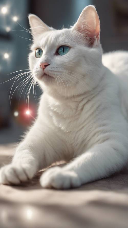 A white domestic shorthair cat happily playing with a laser pointer.