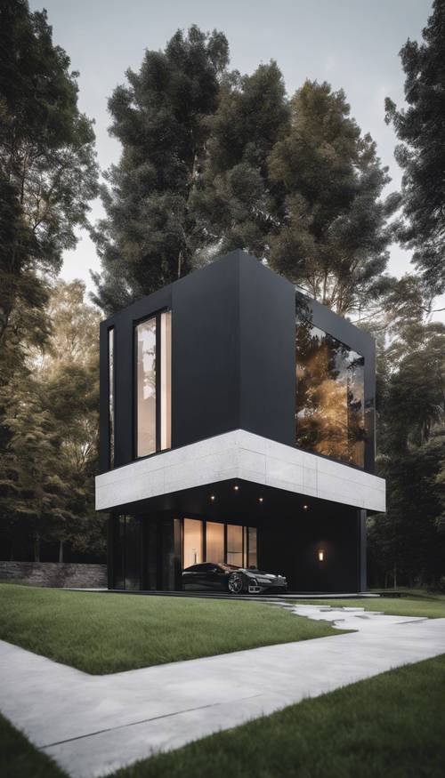 Sebuah rumah modern ramping yang dibangun dari beton hitam berkilau, berdiri sendiri di tengah halaman rumput yang bersih dan terawat.