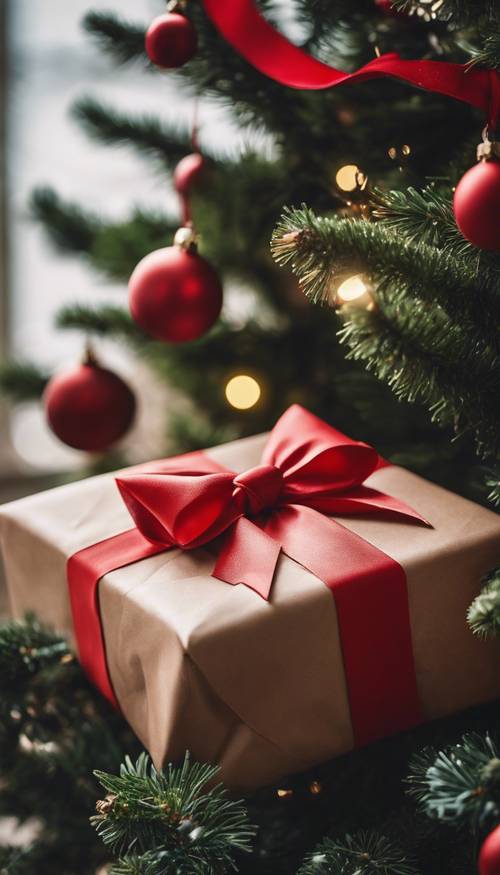 A neatly wrapped present with a shiny red bow under a freshly cut Christmas tree.