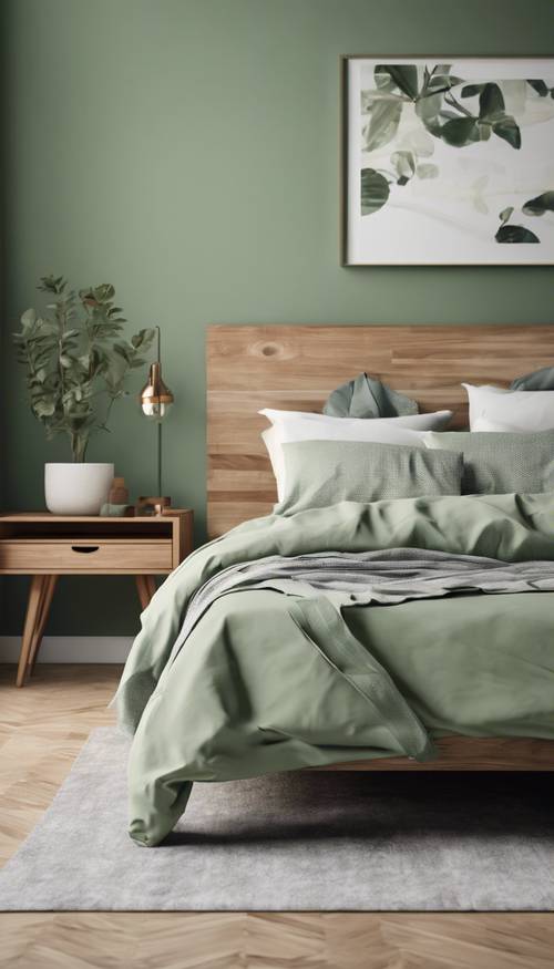 Chambre minimaliste moderne vert sauge avec meubles en bois