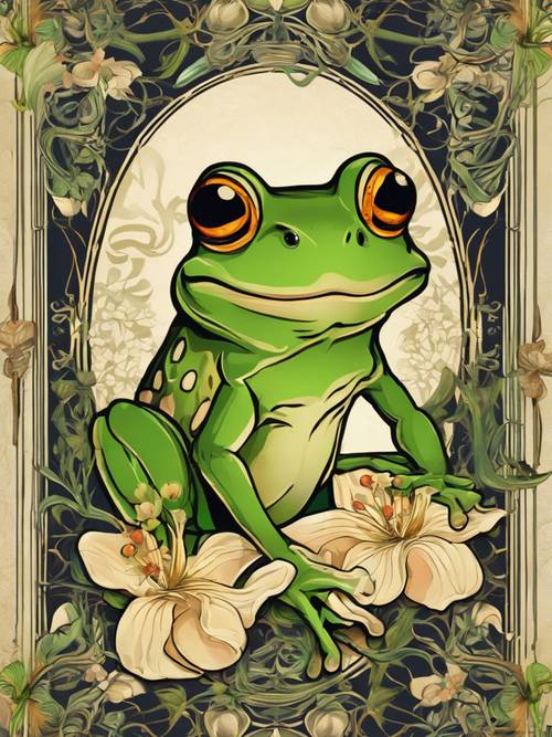Art Nouveau styled poster showcasing an elegant, stylized frog surrounded by decorative scrollwork and lily flowers.