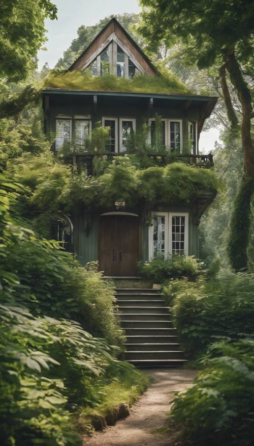 Domek położony wśród bujnej zieleni w lesie za dnia”.