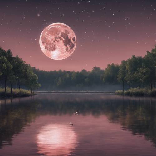 A surreal image of a strawberry moon over a quiet lake.