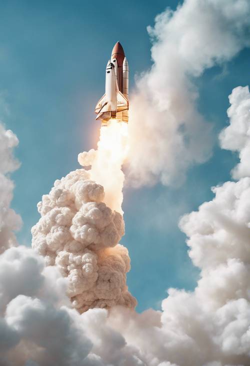 Un&#39;astronave lanciata nel cielo azzurro con un&#39;esplosione di fumo bianco.