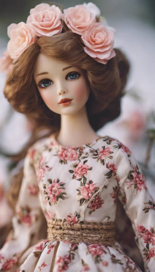 Una bambola con un motivo decorativo a fiori di camelia sul vestito.