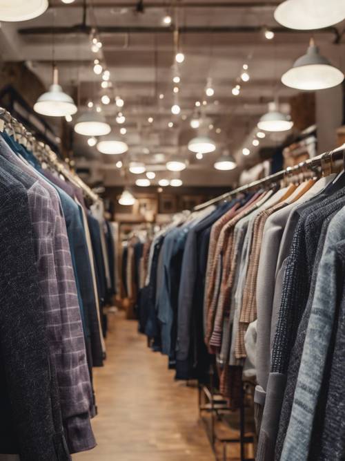 L&#39;intérieur d&#39;un magasin de vêtements preppy, avec des pulls soigneusement pliés et une exposition de cravates à motifs.