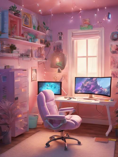 Hermosa sala de juegos con paredes en tonos pastel, guirnaldas de luces y una lujosa silla de juego.