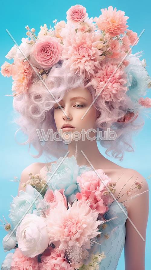 Spring Flowers in Her Hair and Dress Background