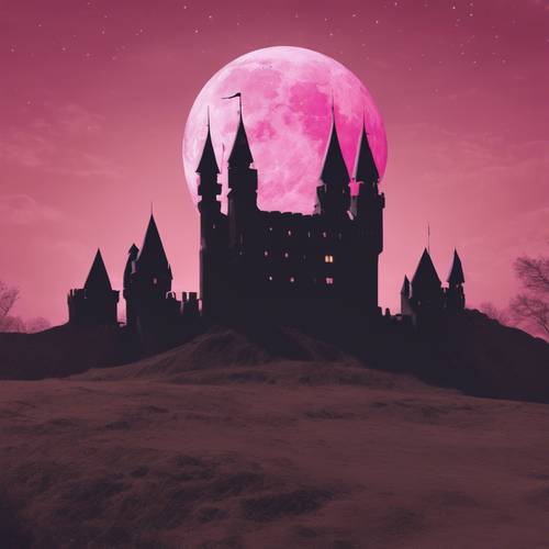 Uma silhueta de um antigo castelo com uma enorme lua rosa ao fundo.