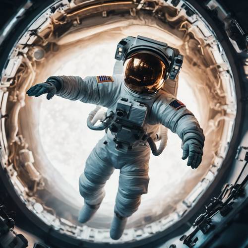 Seorang astronot mengambang di ruang angkasa yang sunyi dan sunyi.