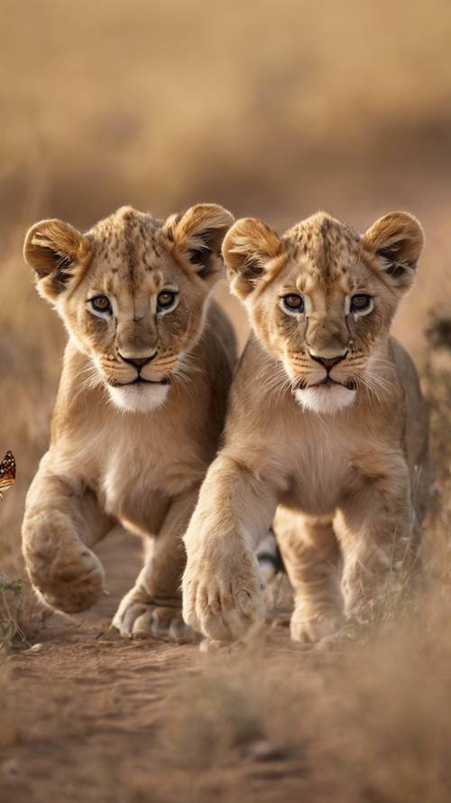 Trois lionceaux chassant un papillon de manière ludique au milieu d’un grand paysage africain.