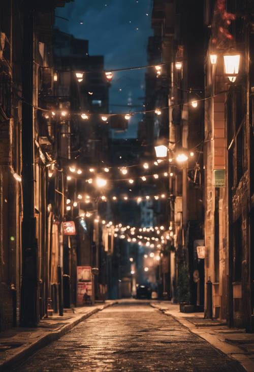 Uma rua surreal ao anoitecer, as luzes brilhando contra o manto escuro da noite.