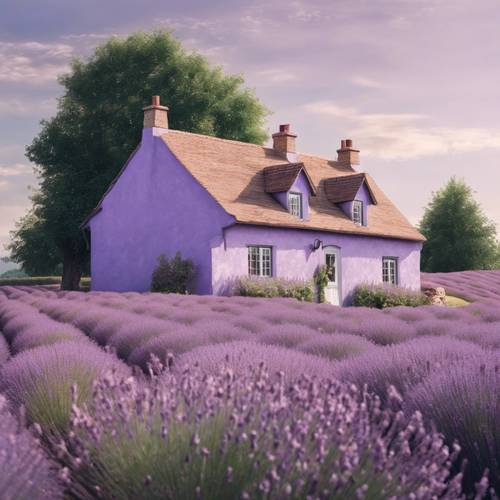 Ein malerisches pastellviolettes Cottage auf dem Land, umgeben von Lavendelfeldern.