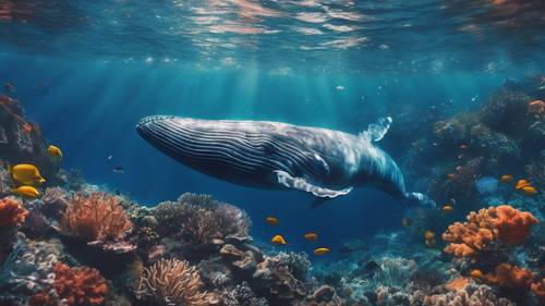一幅平靜的自然畫，畫中鯨魚在美麗的珊瑚礁附近平靜地游泳。